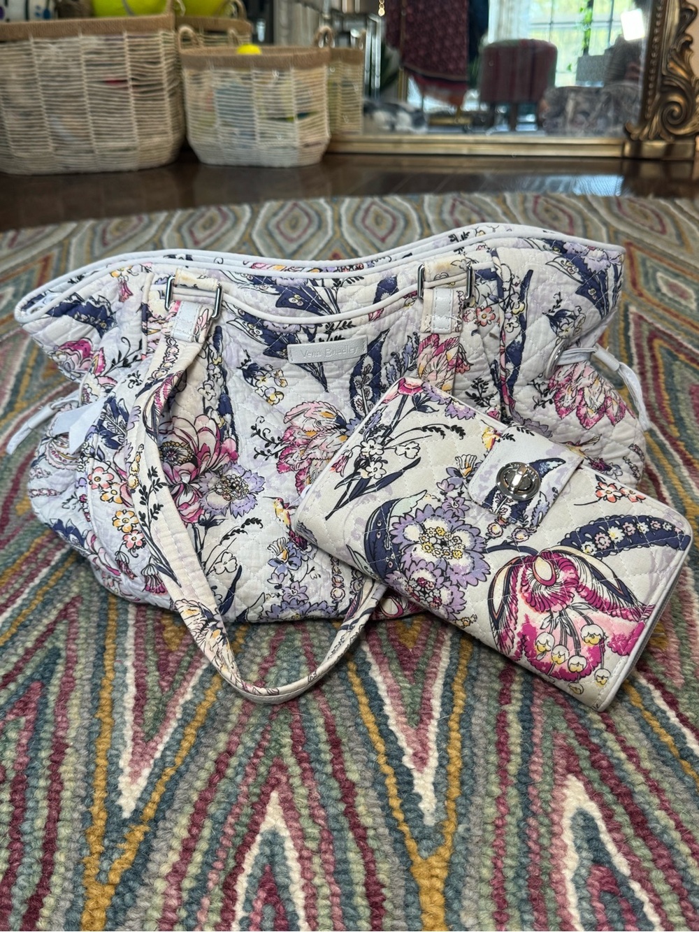(SET OF 2)Vera Bradley Quilted Tote and Wallet - White with Pink & Purple Floral - Picture 3 of 16